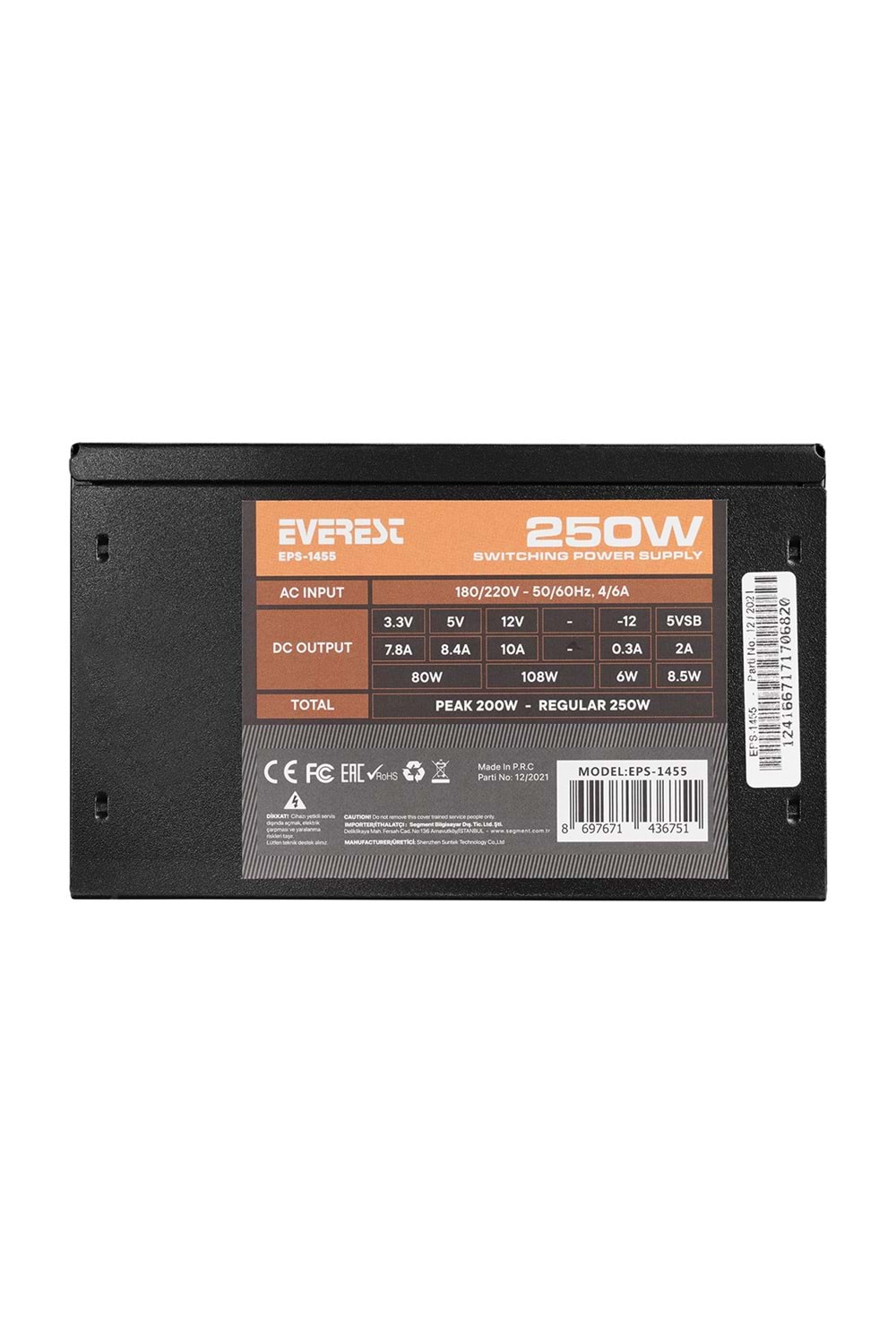 Everest EPS-1455 Peak-250W 12cm Fan 2* SATA 2* IDE ATX Power Supply